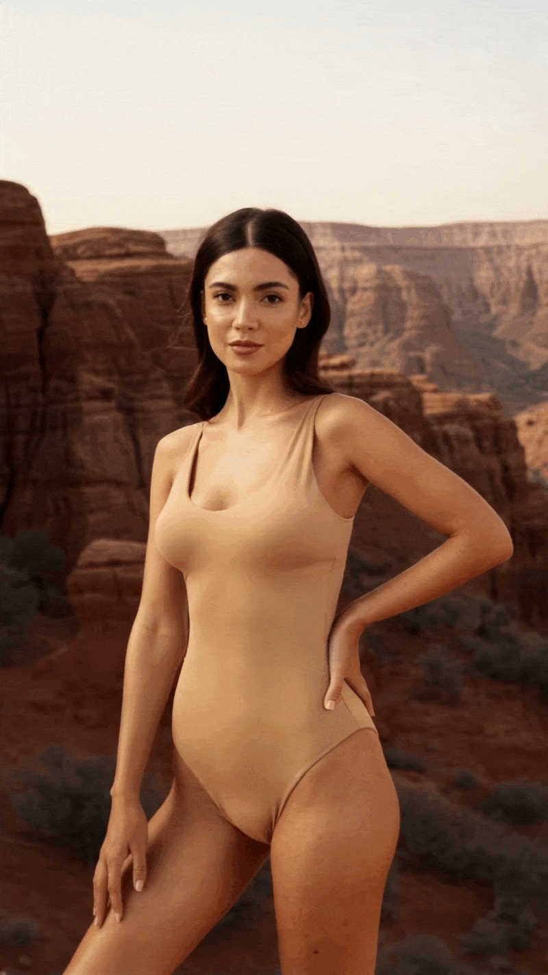 Helena is wearing size Medium in color Sand