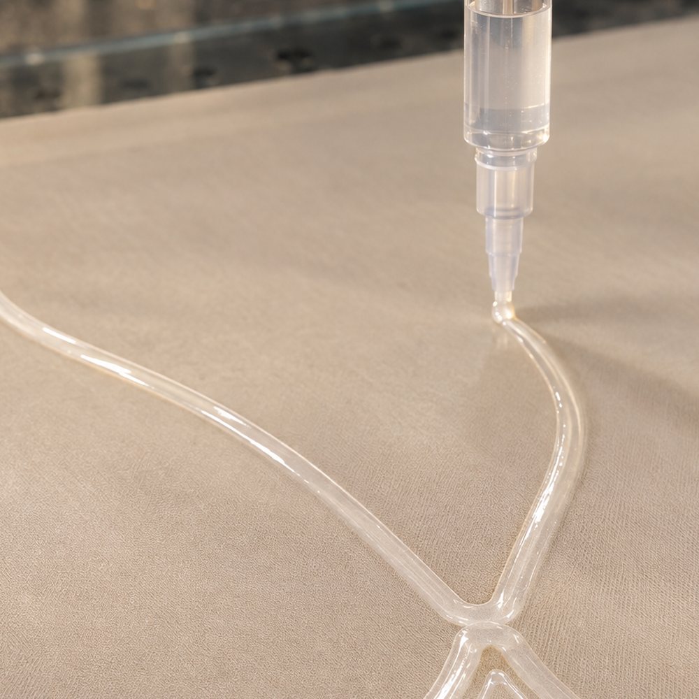 Illustration, detail: clear liquid silicone leaving the nozzle and following the lines of a cup