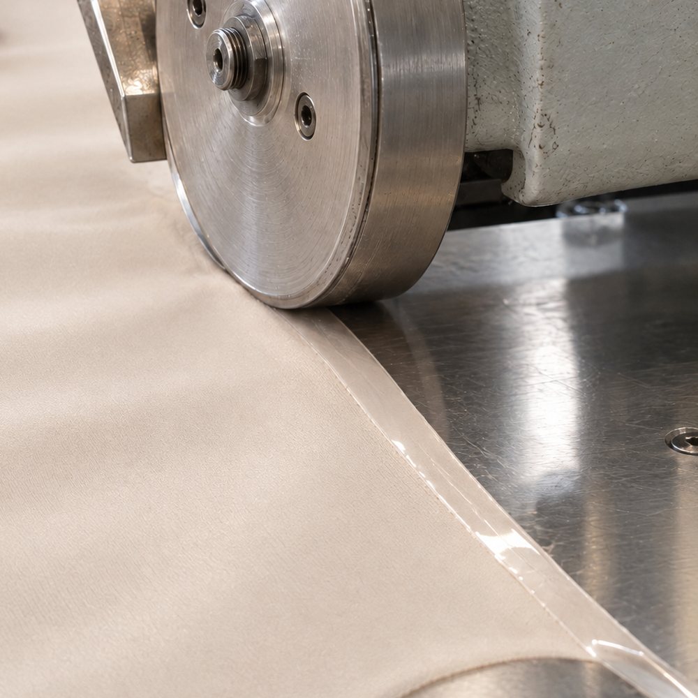 Illustration, detail: clear bonding tape running along a fabric edge under a pressure wheel