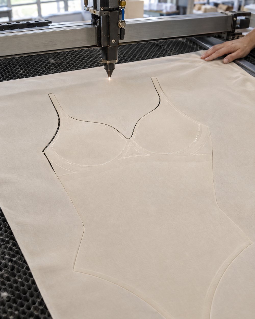 Illustration: a laser head cutting a garment pattern out of a sheet of fabric
