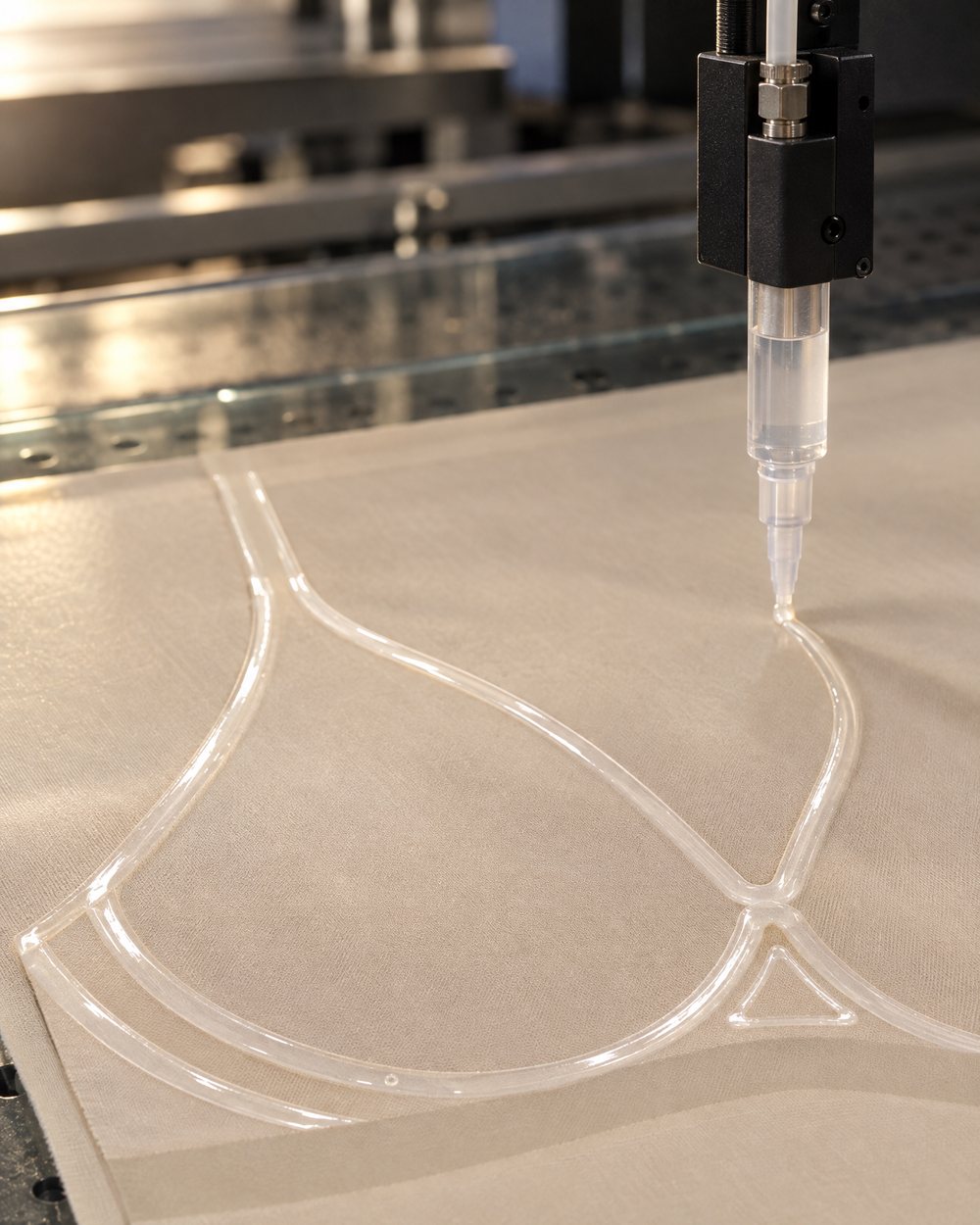 Illustration: a nozzle lays lines of clear liquid silicone onto fabric along the shape of a cup
