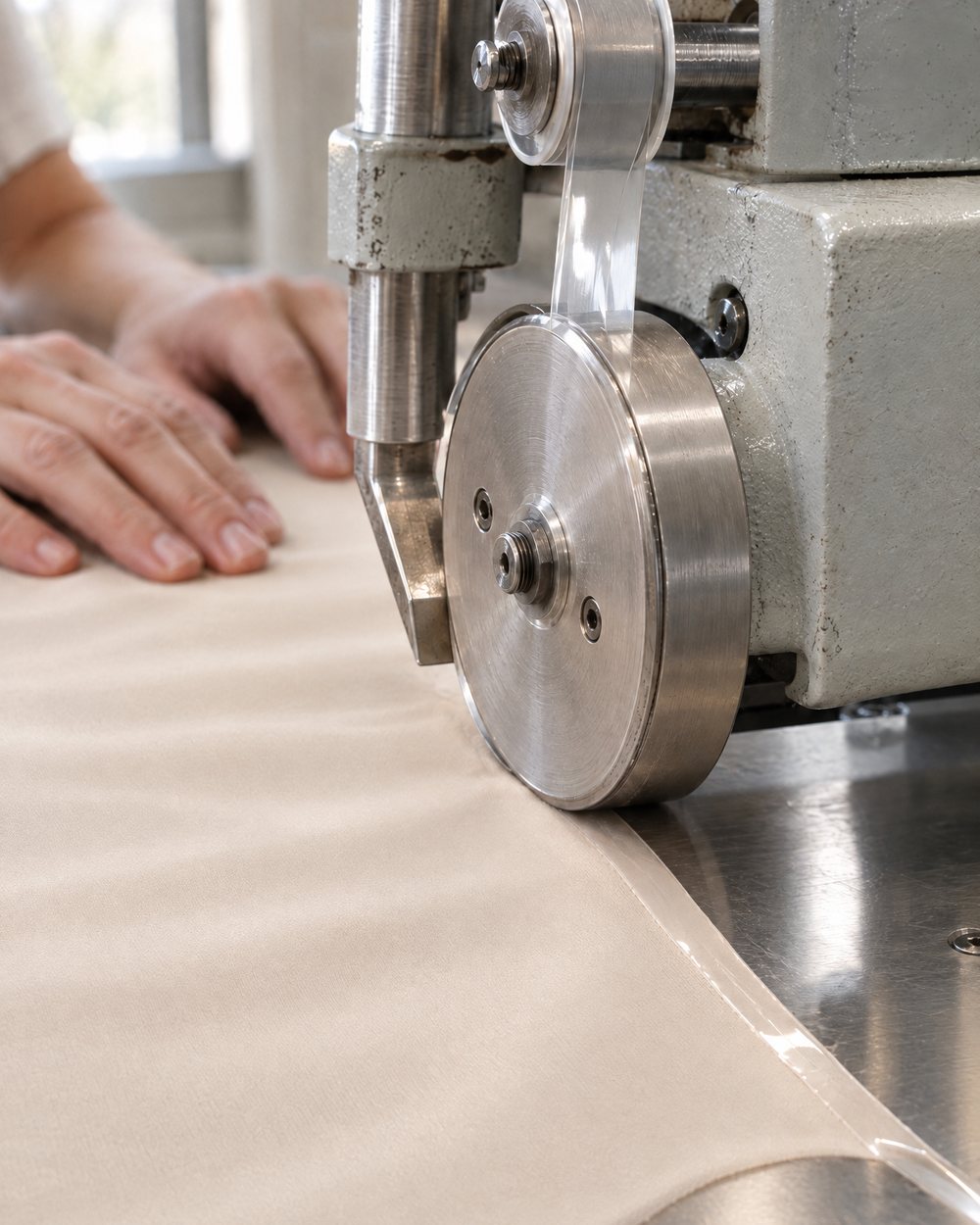 Illustration: clear bonding tape fed onto fabric by a taping machine